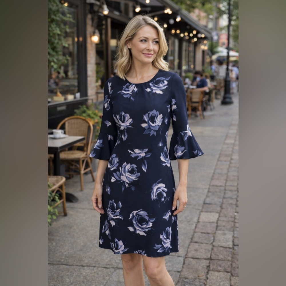 Kate Spade Navy Night Rose Floral Crepe Sheath Dress Flutter Sleeve Size 8